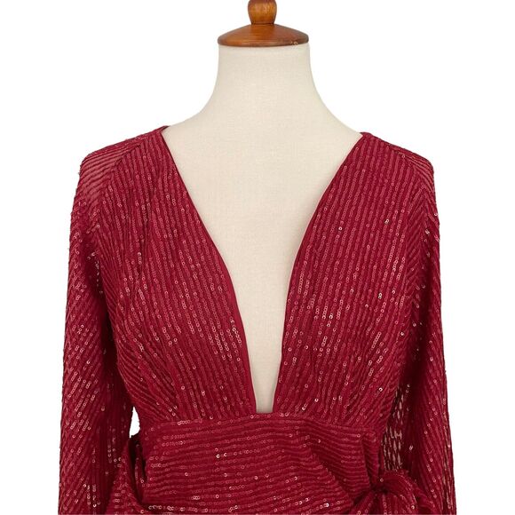 Asos Design Red Sequin Deep Plunge Drape Detail Skirt Mini Dress Women’s Size 8 - Picture 3 of 12